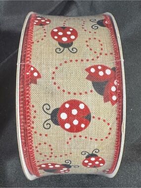 Red Ladybug Print Burlap Ribbon  Party Ribbon 2.5 inch. 50 yards